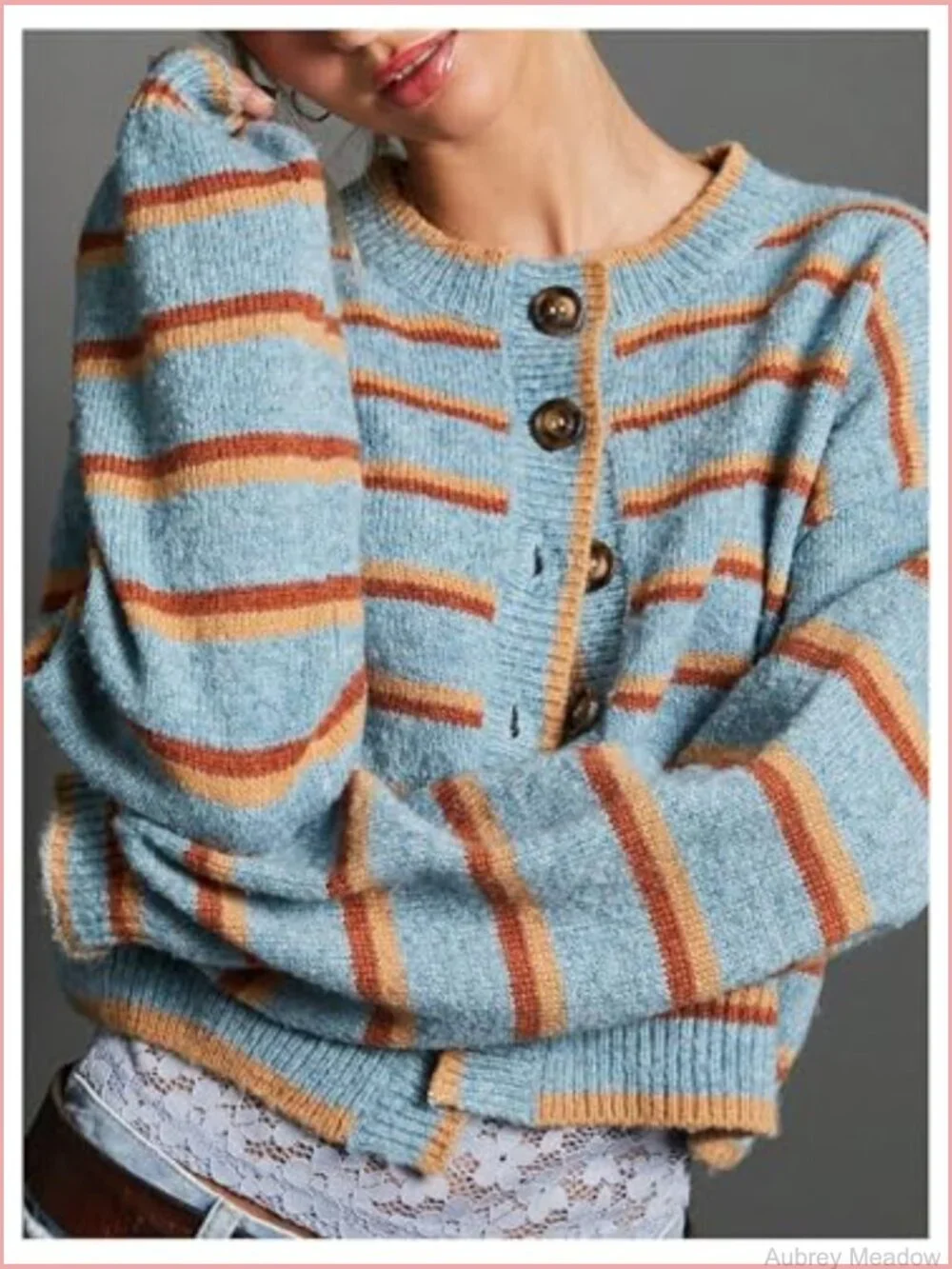 Women's Lightweight Striped Button-Up Cropped Knit Cardigan Long Sleeve Top